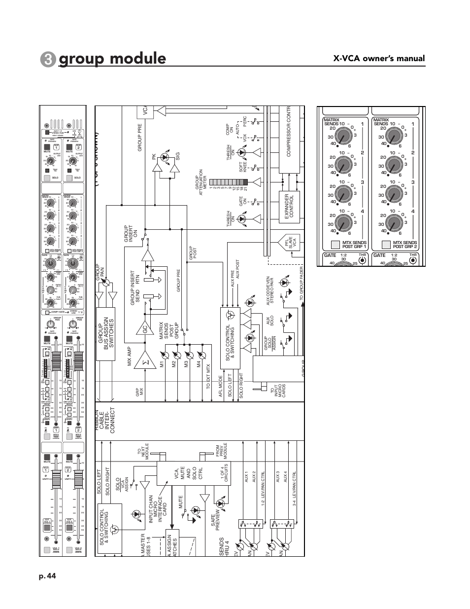 Group module, X-vca owner’s manual module panel, Block diagram | P. 44, 1 of 8 sho wn), Gc vc a, Sends h ru 4, Ribbon cable inter- connect, Group bus assign switches | Peavey X-VCA User Manual | Page 44 / 142