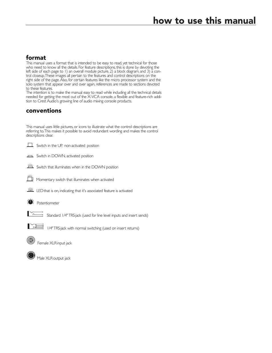 How to use this manual, Format, Conventions | Peavey X-VCA User Manual | Page 5 / 142