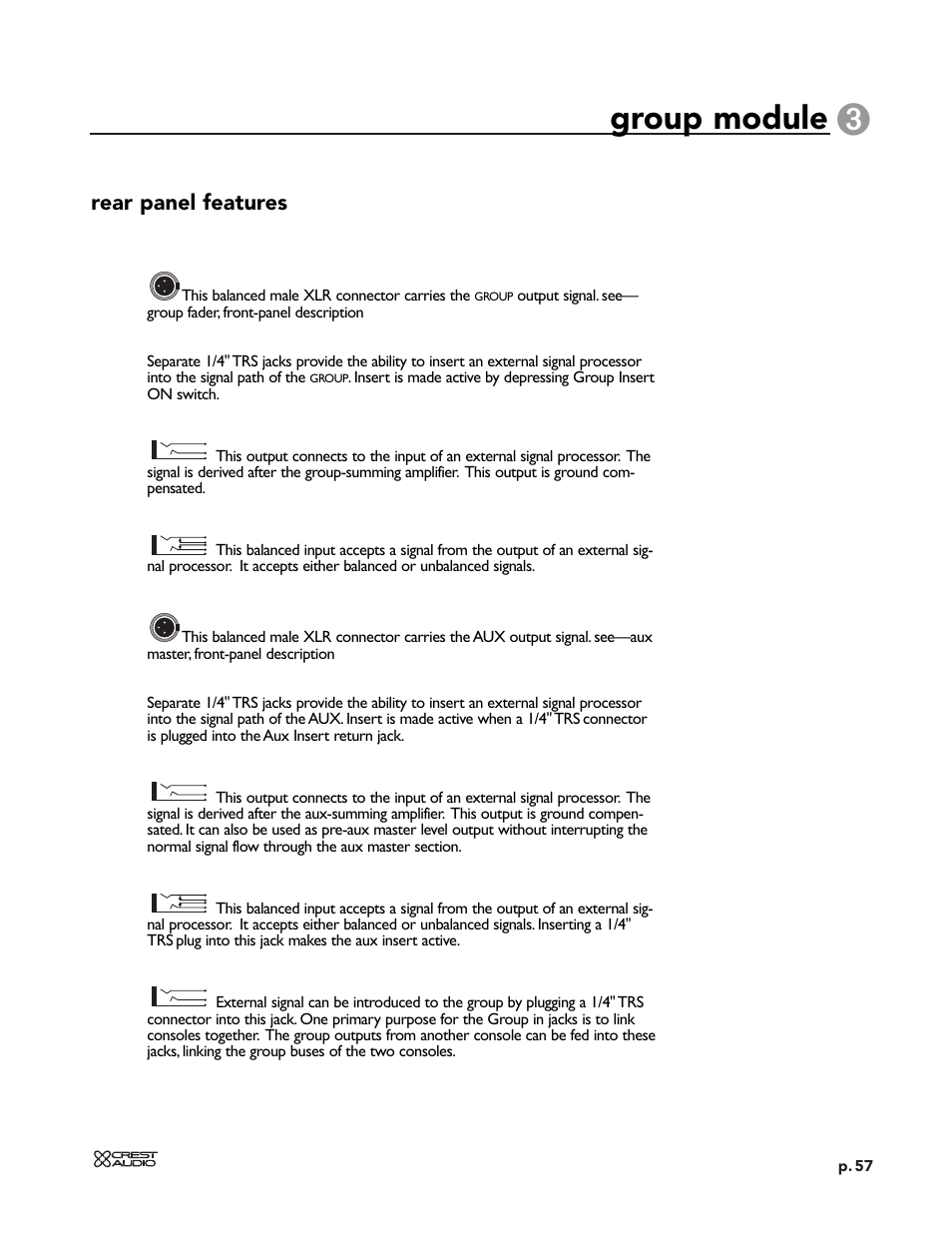 Group module, Rear panel features | Peavey X-VCA User Manual | Page 57 / 142