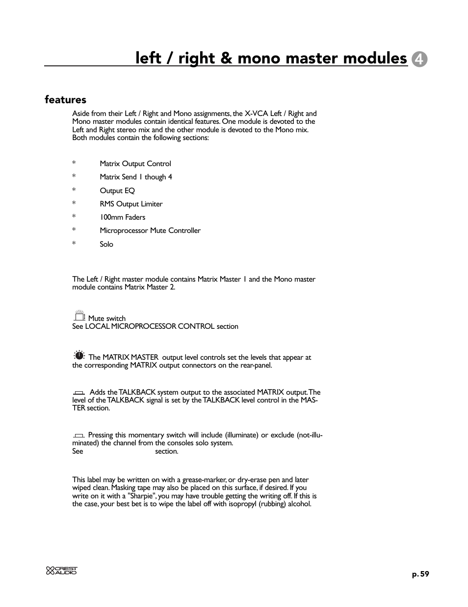 Left / right & mono master modules, Features | Peavey X-VCA User Manual | Page 59 / 142