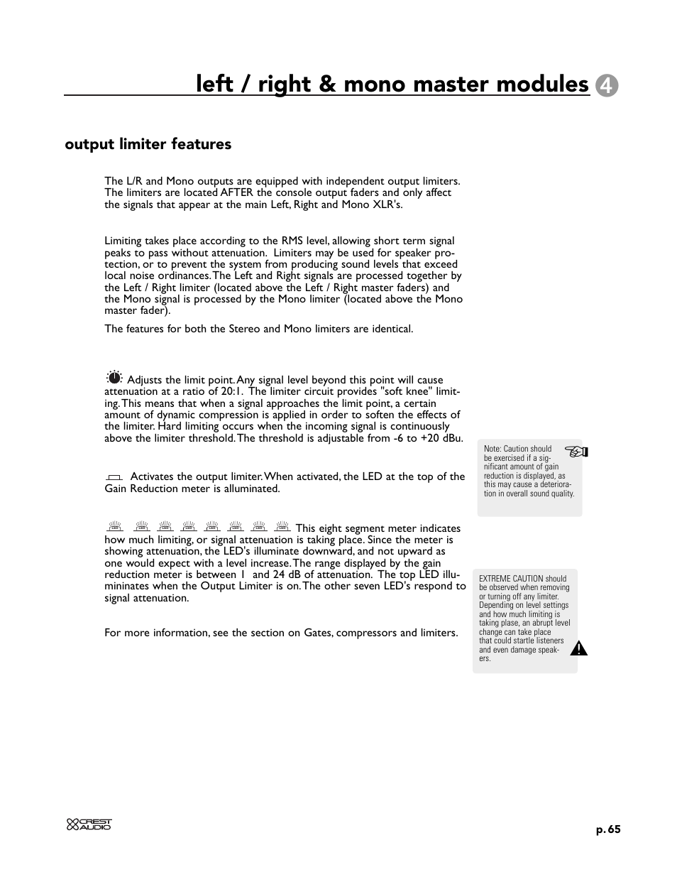 Left / right & mono master modules, Output limiter features | Peavey X-VCA User Manual | Page 65 / 142