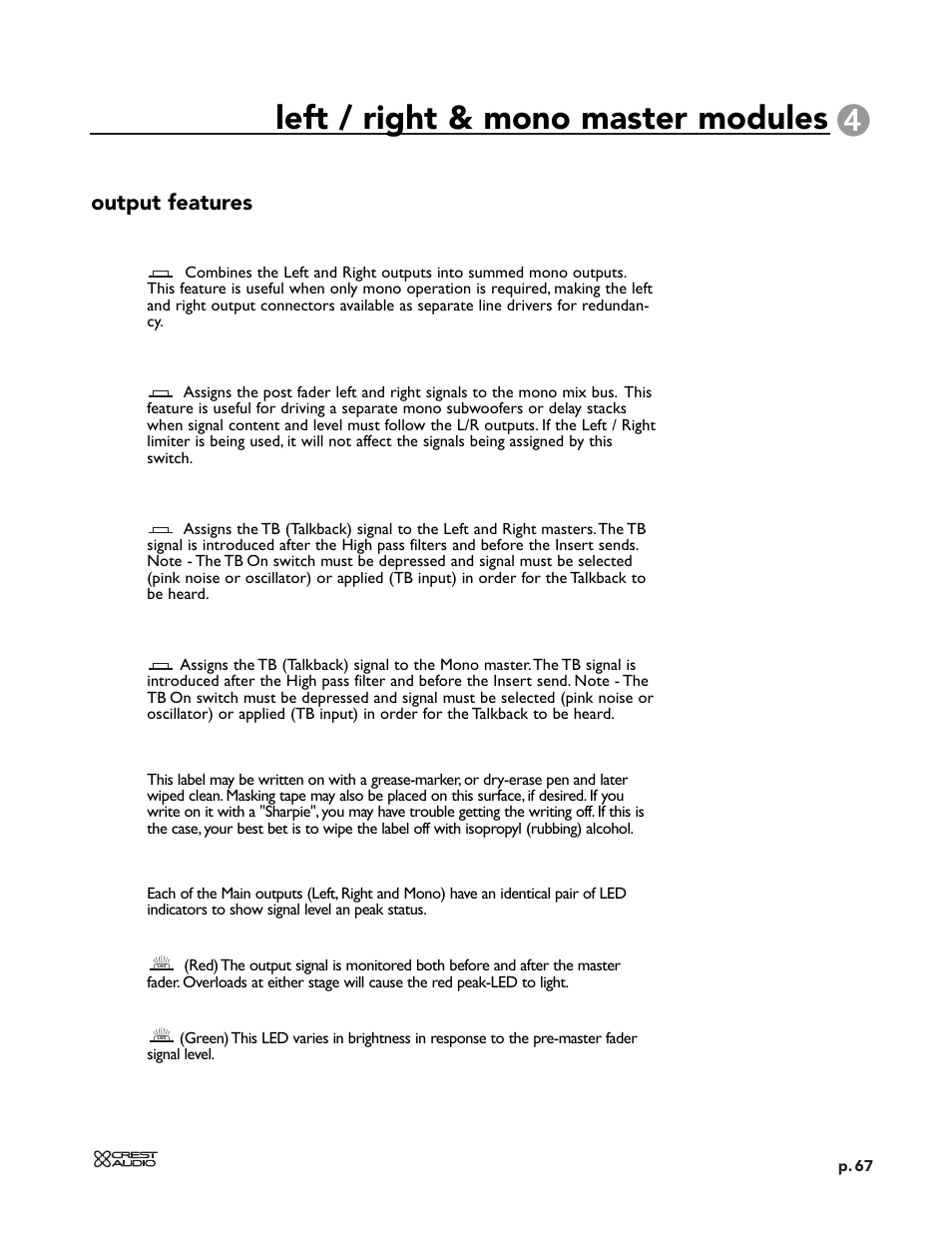 Left / right & mono master modules, Output features | Peavey X-VCA User Manual | Page 67 / 142
