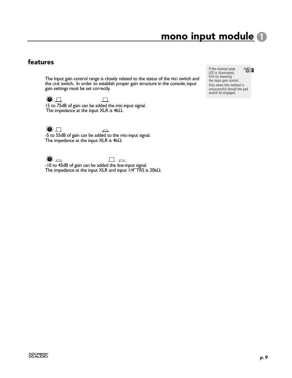 Mono input module, Features | Peavey X-VCA User Manual | Page 9 / 142