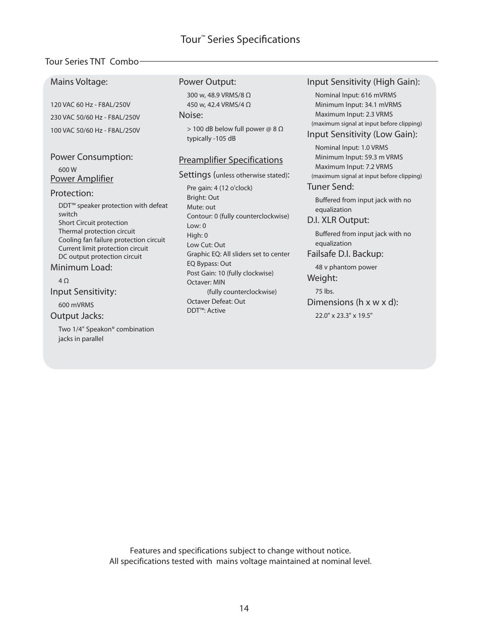 Tour, Series specifications | Peavey TNT User Manual | Page 14 / 20