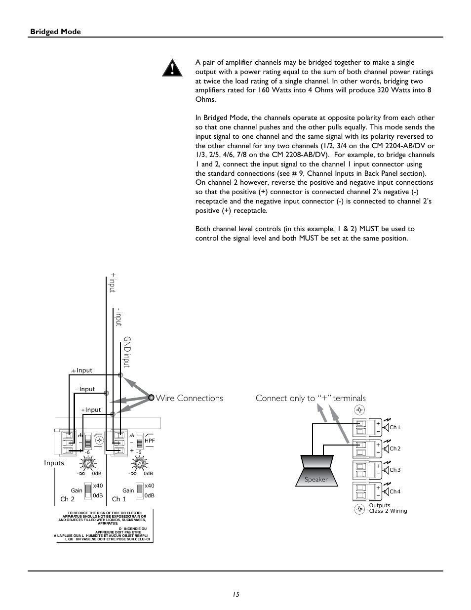 Wire connections + input gnd inpu t - inpu t, Connect only to “+” terminals | Peavey CM2204 User Manual | Page 15 / 64