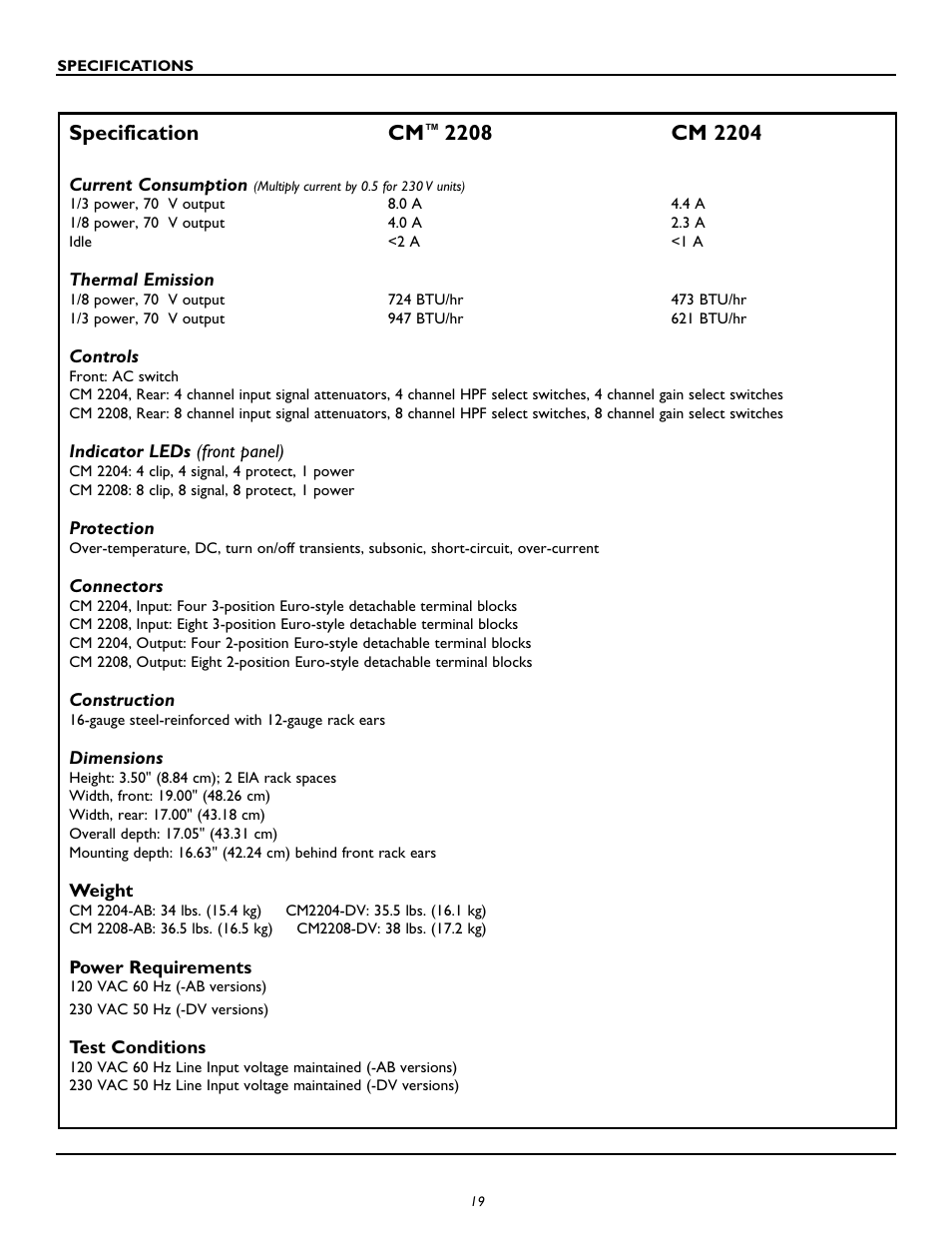 Specification cm | Peavey CM2204 User Manual | Page 19 / 64