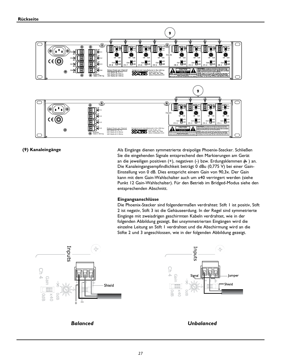 Balanced unbalanced, Inputs, Ch 4 | Rückseite, Gain, 0db x4 0, 0d b -6 | Peavey CM2204 User Manual | Page 27 / 64