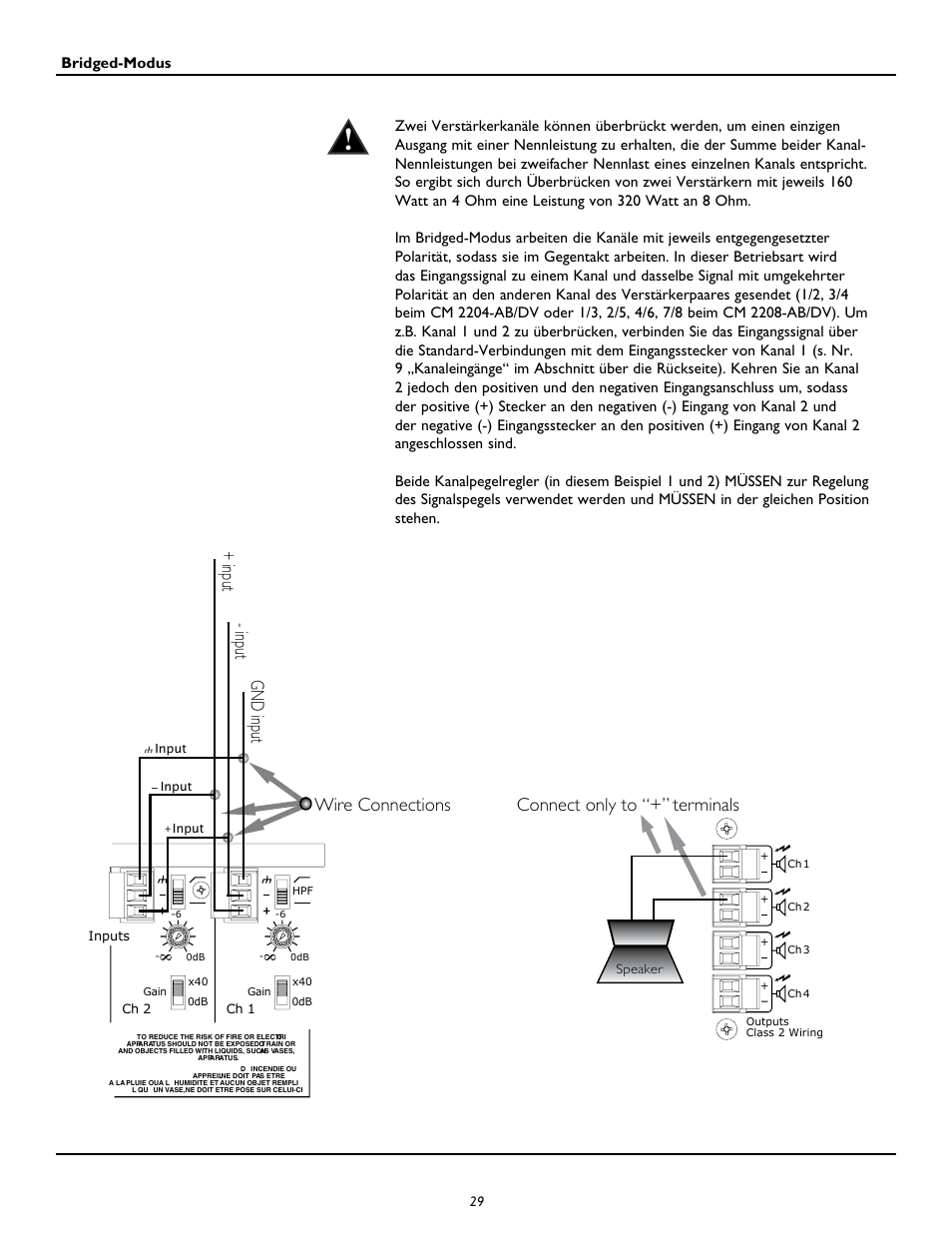 Wire connections + input gnd inpu t - inpu t, Connect only to “+” terminals | Peavey CM2204 User Manual | Page 29 / 64