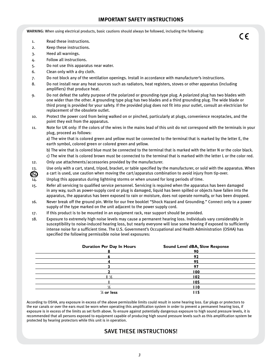 Save these instructions, Important safety instructions | Peavey CM2204 User Manual | Page 3 / 64