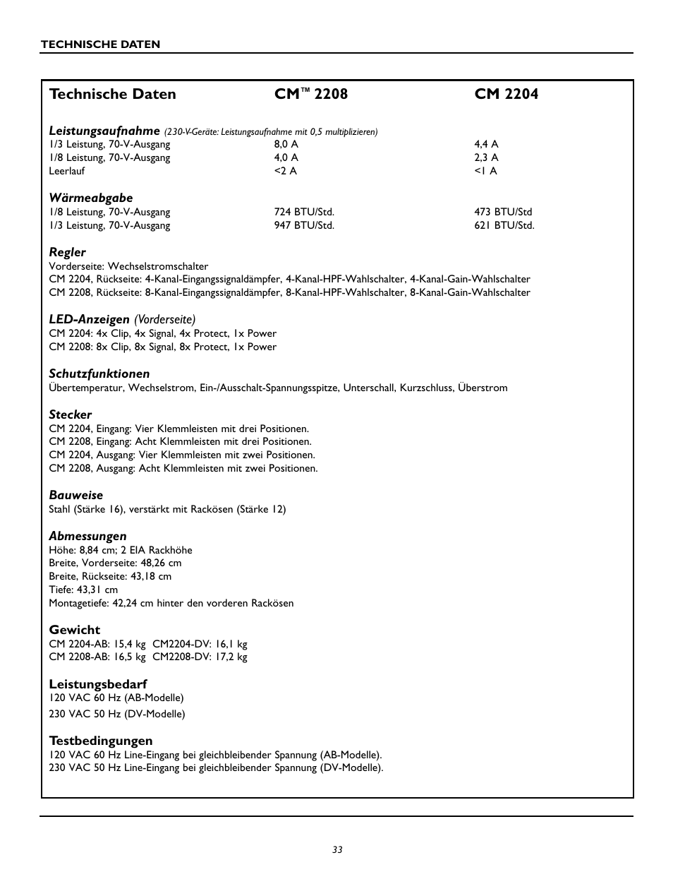 Technische daten cm | Peavey CM2204 User Manual | Page 33 / 64