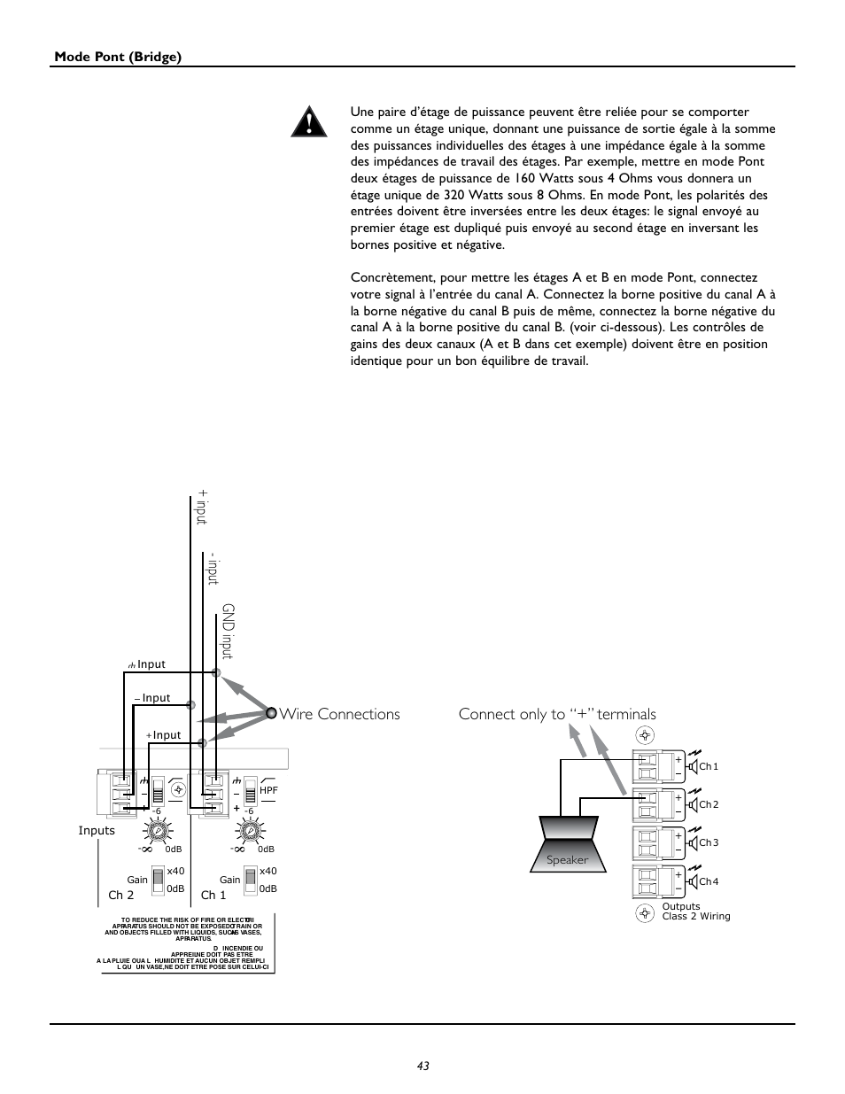 Wire connections + input gnd inpu t - inpu t, Connect only to “+” terminals | Peavey CM2204 User Manual | Page 43 / 64