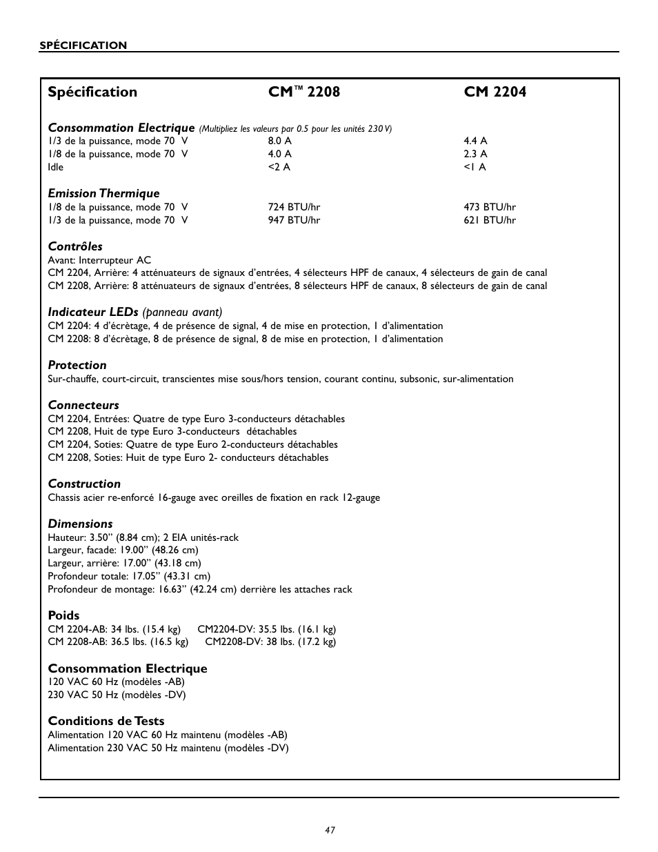 Spécification cm | Peavey CM2204 User Manual | Page 47 / 64