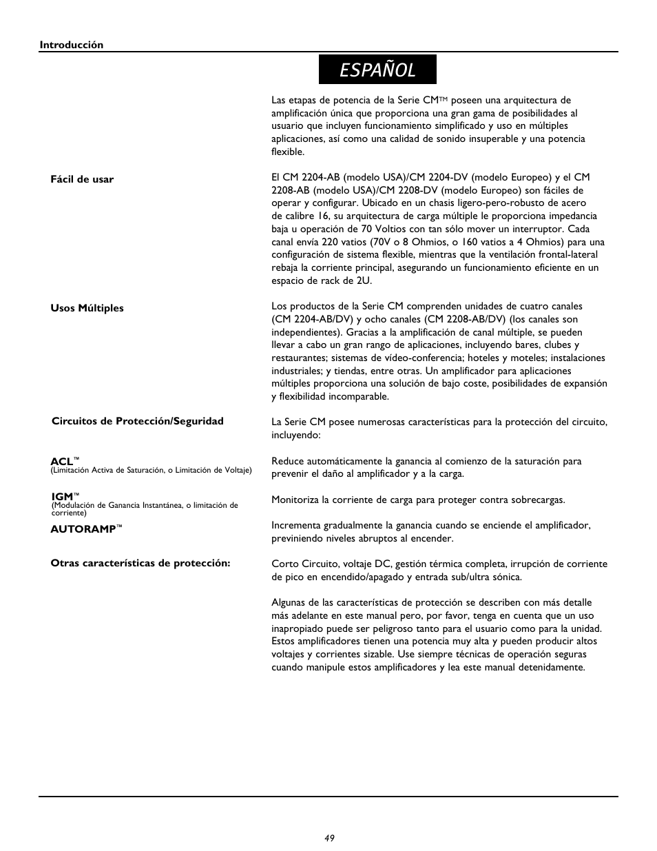 Español | Peavey CM2204 User Manual | Page 49 / 64