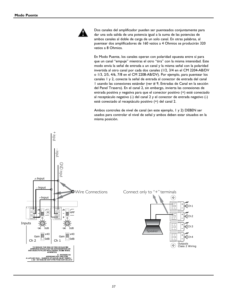 Wire connections + input gnd inpu t - inpu t, Connect only to “+” terminals | Peavey CM2204 User Manual | Page 57 / 64