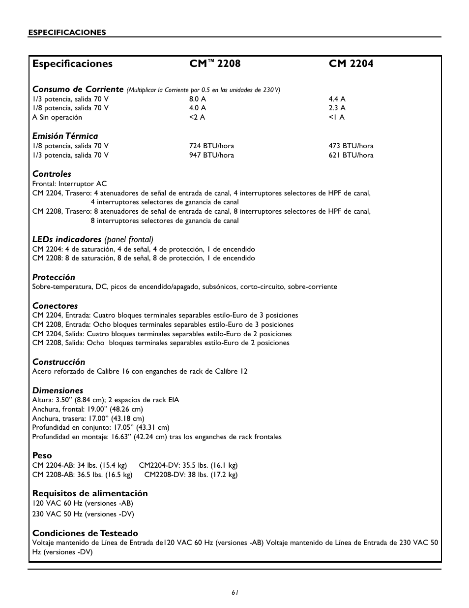 Especificaciones cm | Peavey CM2204 User Manual | Page 61 / 64