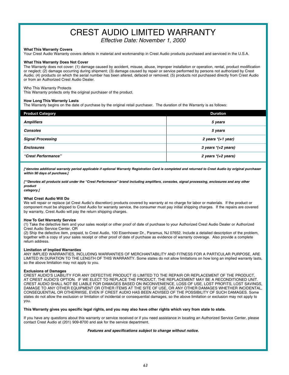 Crest audio limited warranty | Peavey CM2204 User Manual | Page 63 / 64