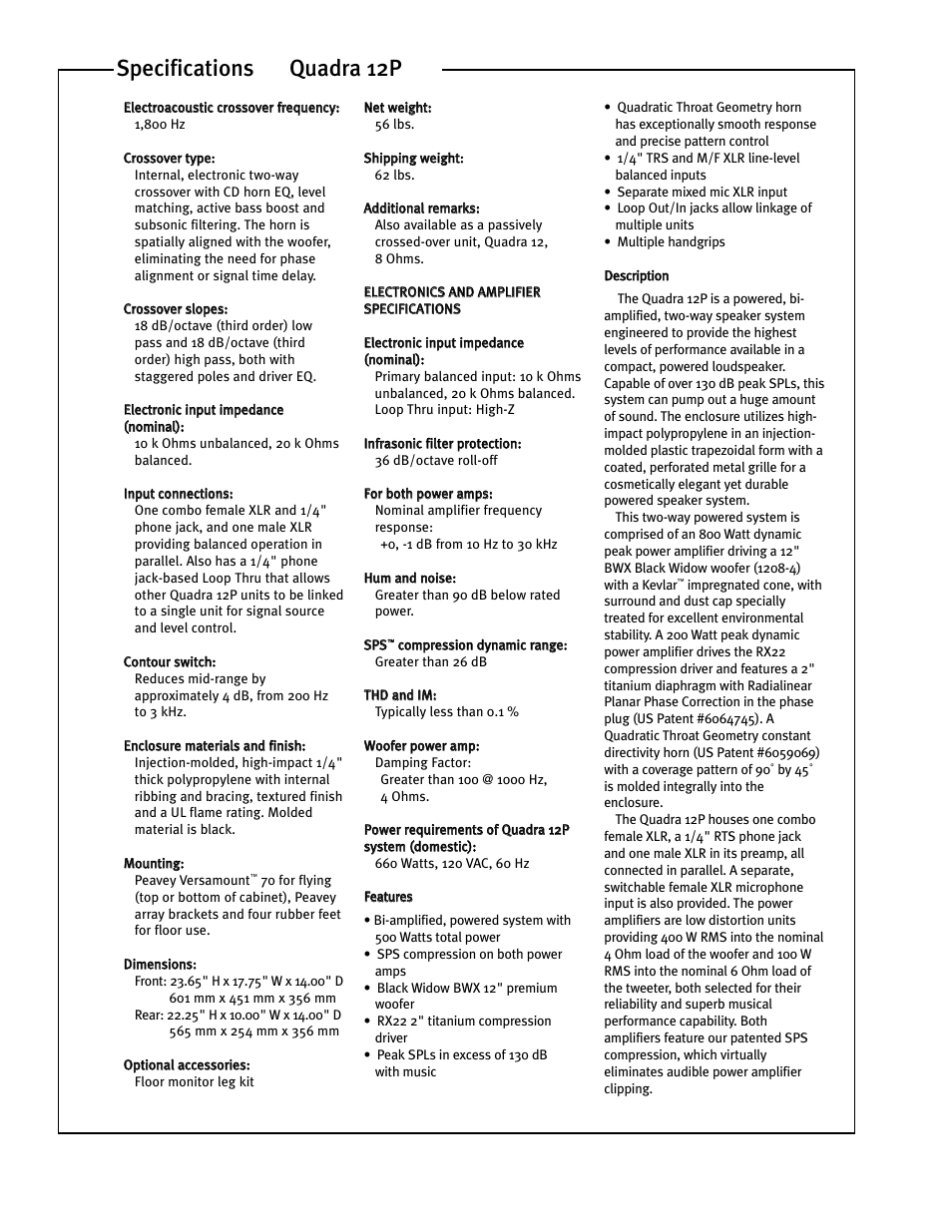 Quadra 12p specifications | Peavey Quadra 12P User Manual | Page 2 / 4