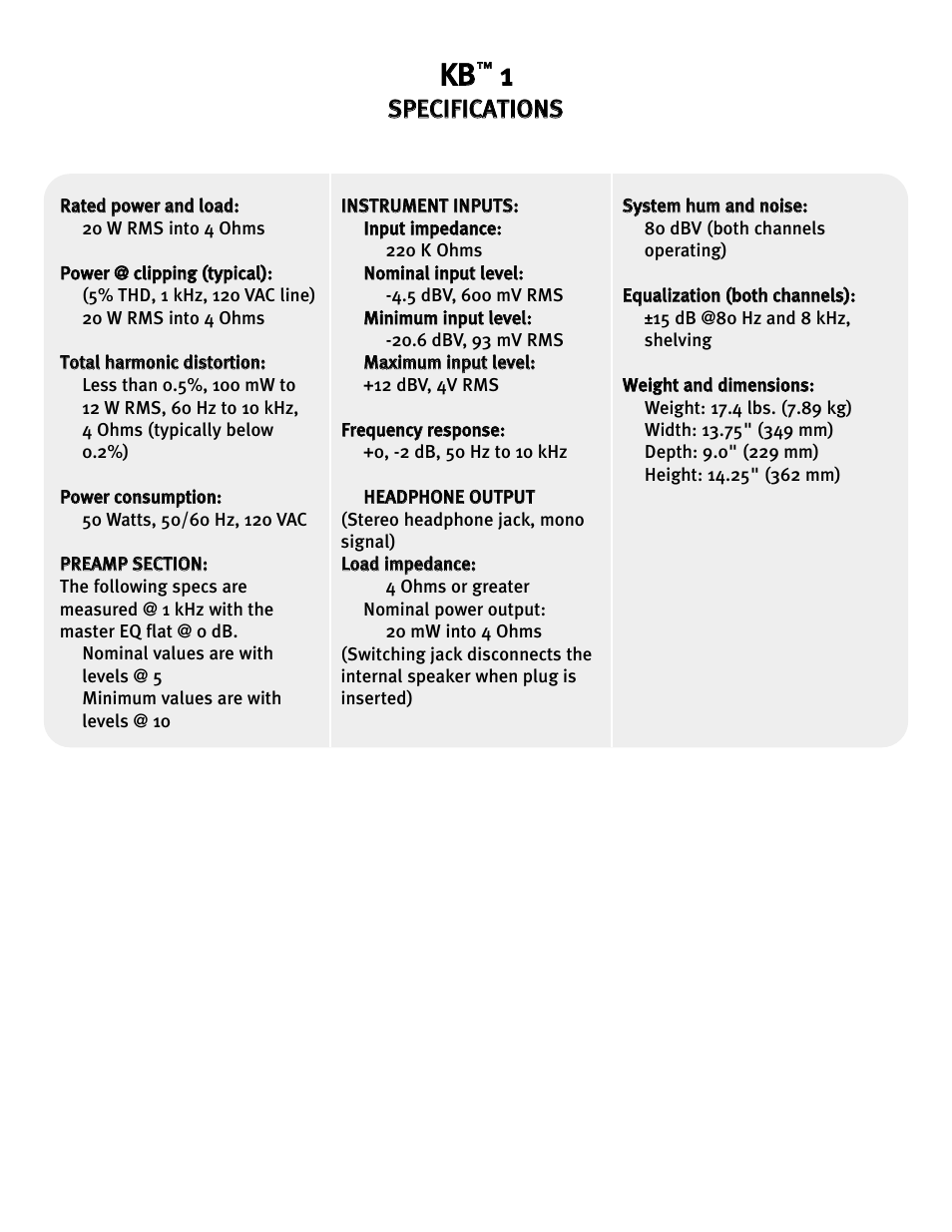 Kkb b, Ssp pe ec ciif fiic ca at tiio on ns s | Peavey 0280305057 User Manual | Page 16 / 24
