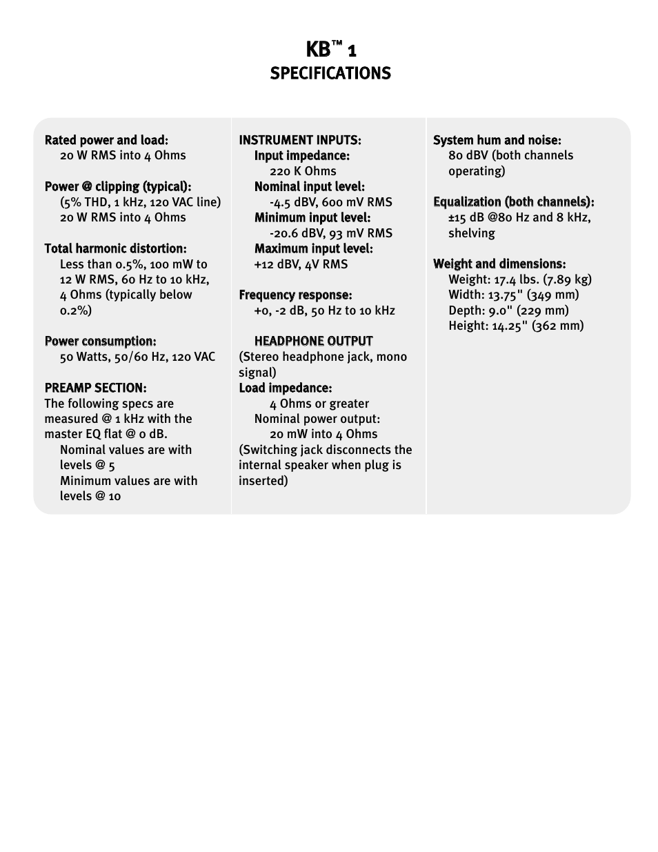 Kkb b, Ssp pe ec ciif fiic ca at tiio on ns s | Peavey 0280305057 User Manual | Page 7 / 24