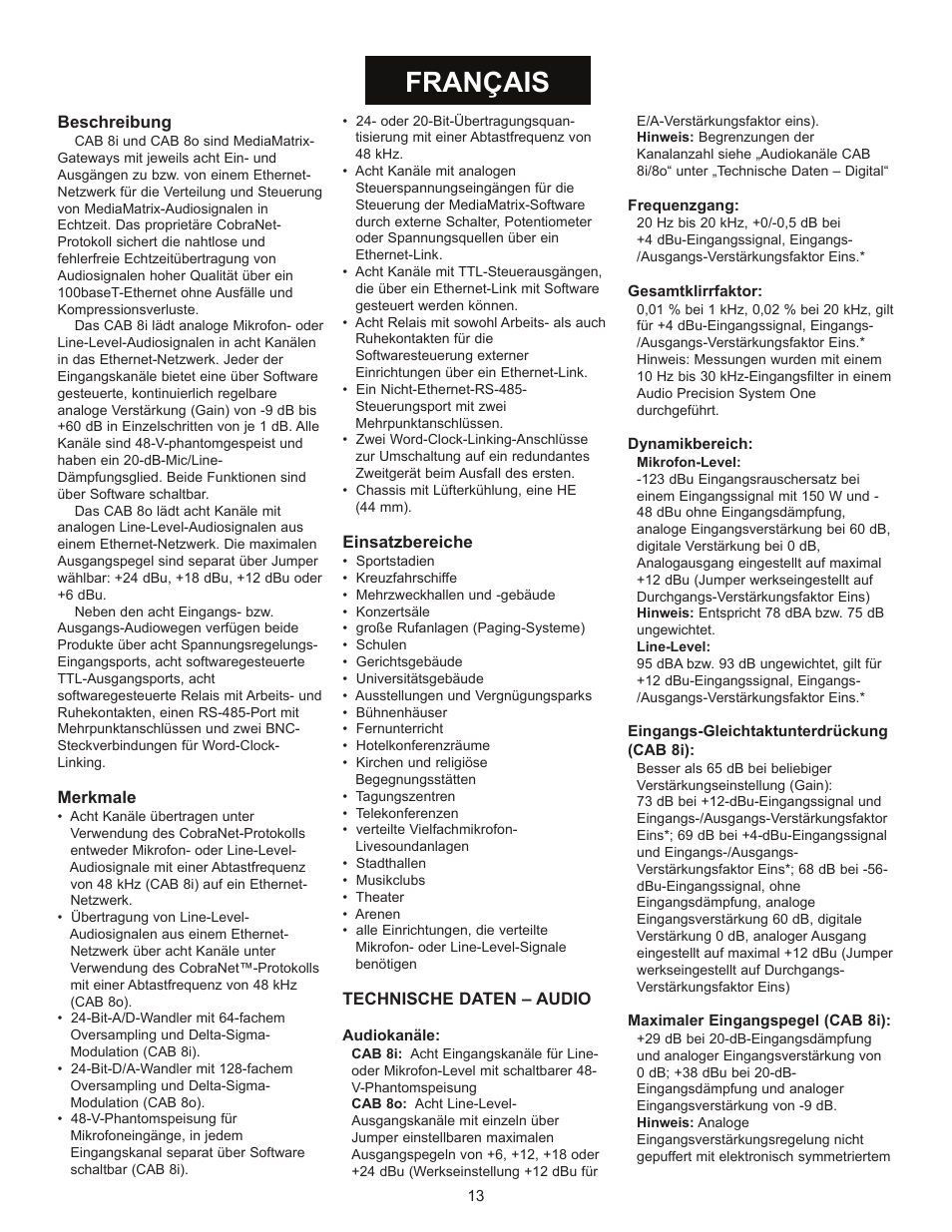 Fran‚ais | Peavey CAB 80 User Manual | Page 13 / 16