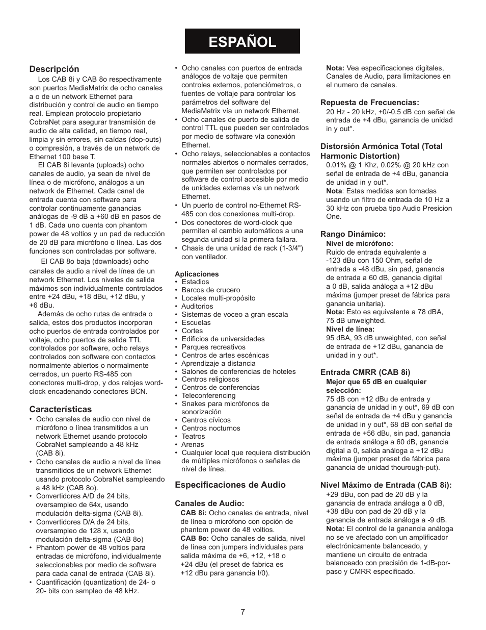 Espa„ol | Peavey CAB 80 User Manual | Page 7 / 16