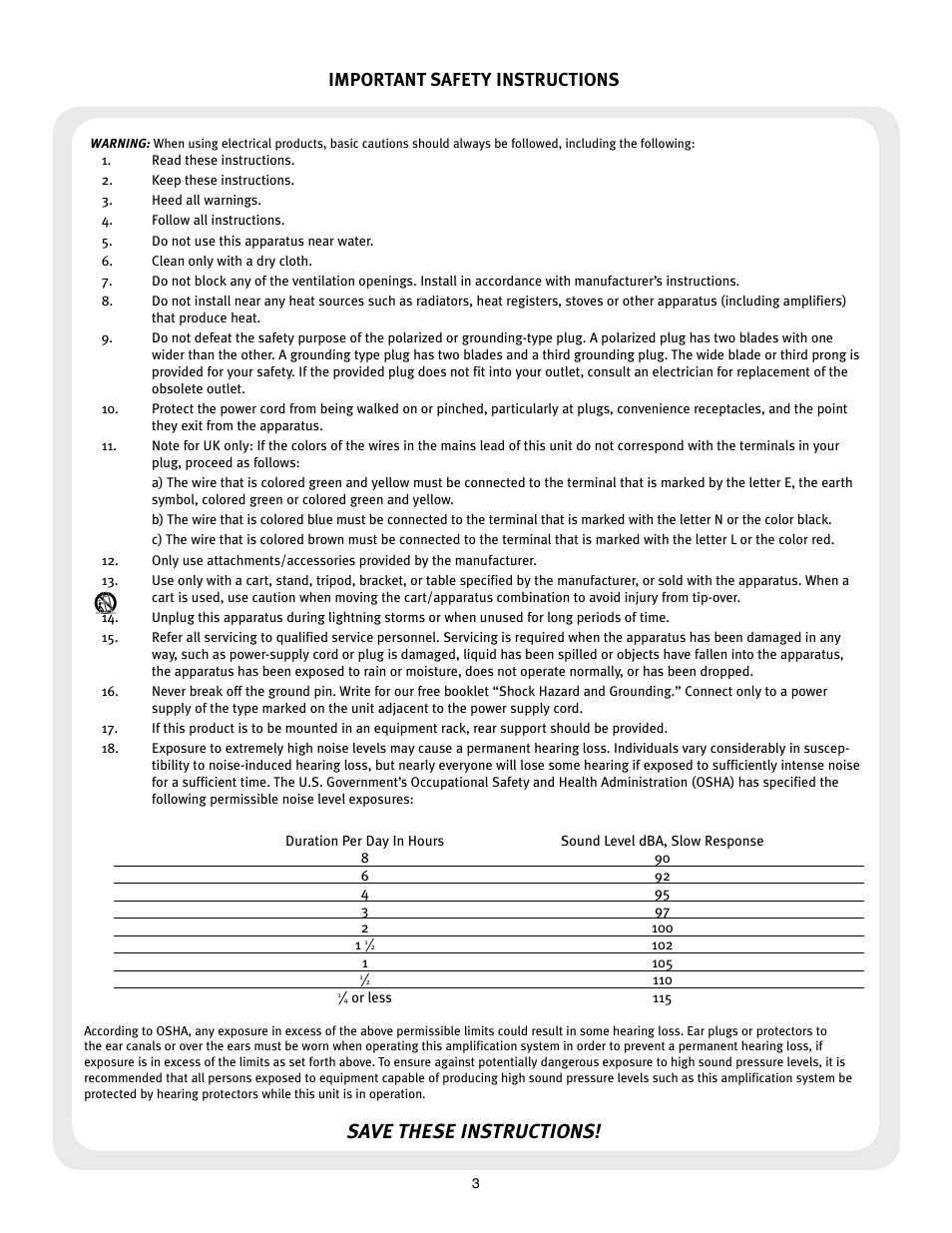 Save these instructions, Important safety instructions | Peavey Q User Manual | Page 3 / 11