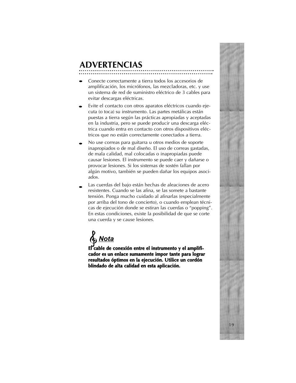 Advertencias, Nota | Peavey Cirrus User Manual | Page 19 / 40