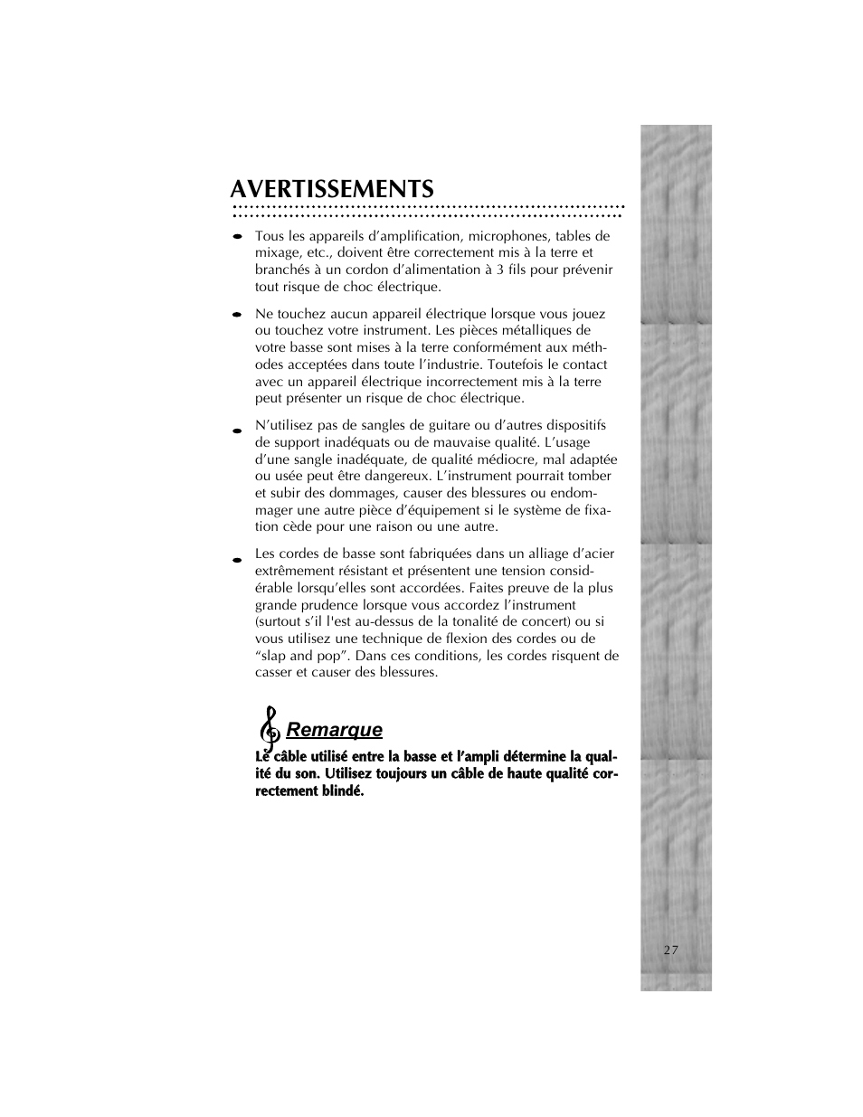 Avertissements, Remarque | Peavey Cirrus User Manual | Page 27 / 40