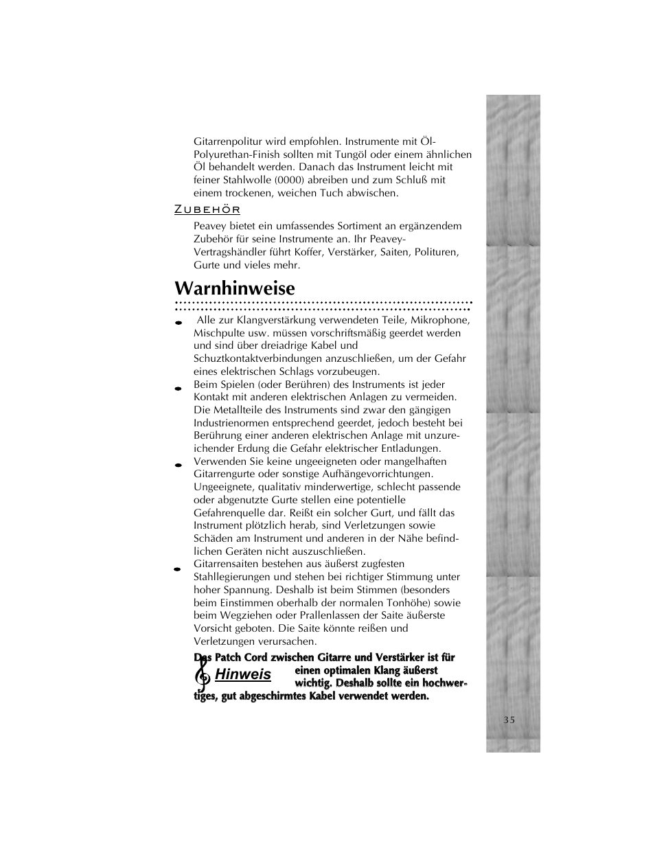 Warnhinweise, Hinweis | Peavey Cirrus User Manual | Page 35 / 40