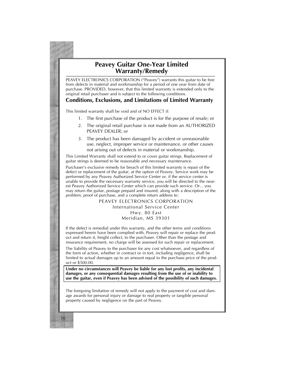 Peavey guitar one-year limited warranty/remedy | Peavey Cirrus User Manual | Page 36 / 40