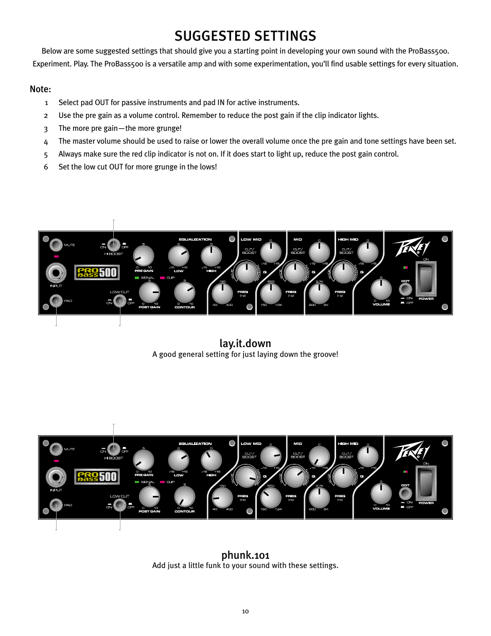 Suggested settings, Lay.it.down, Phunk.101 | Peavey 500 User Manual | Page 10 / 32