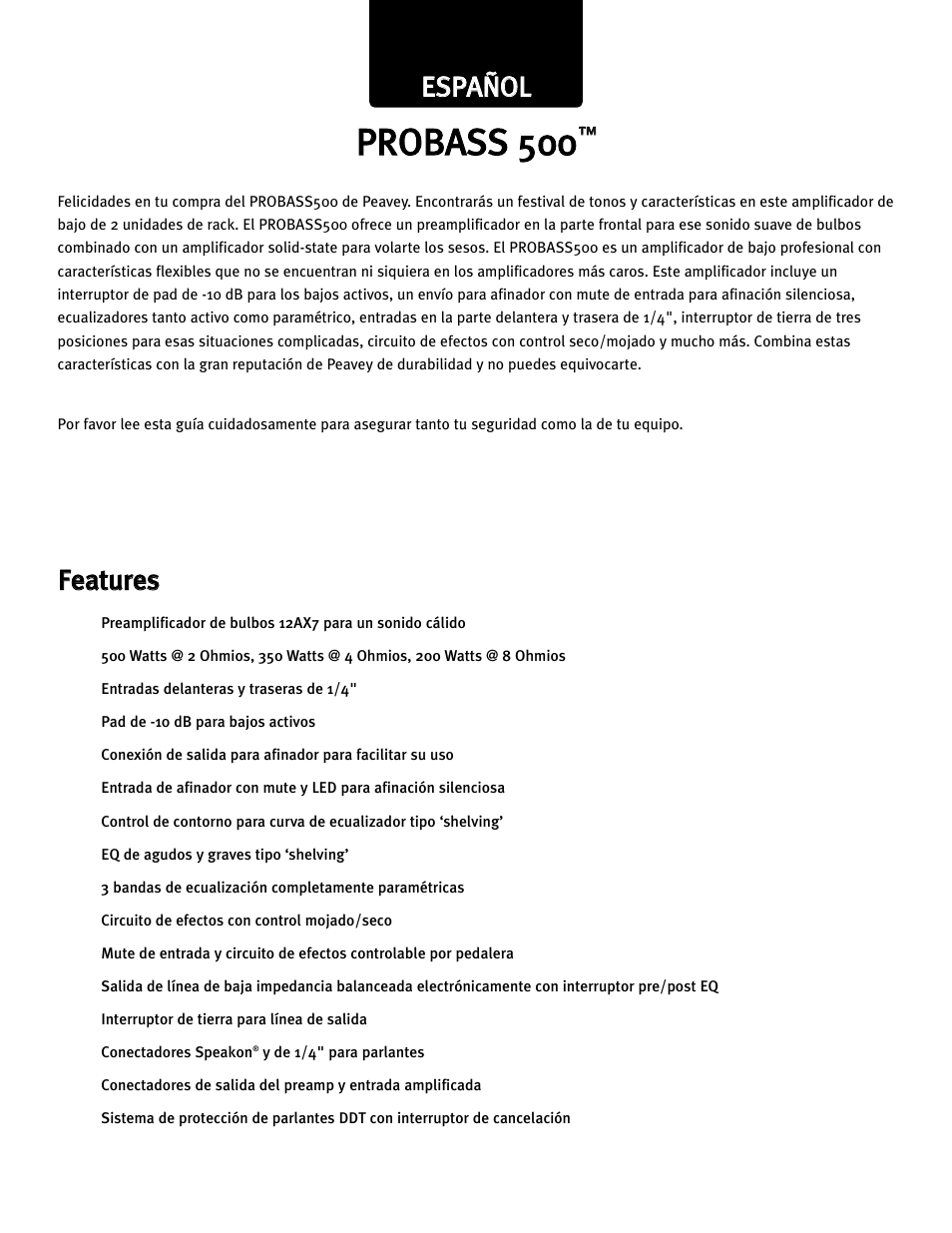 Ees sp pa añ ño oll f fe ea attu urre es s | Peavey 500 User Manual | Page 13 / 32