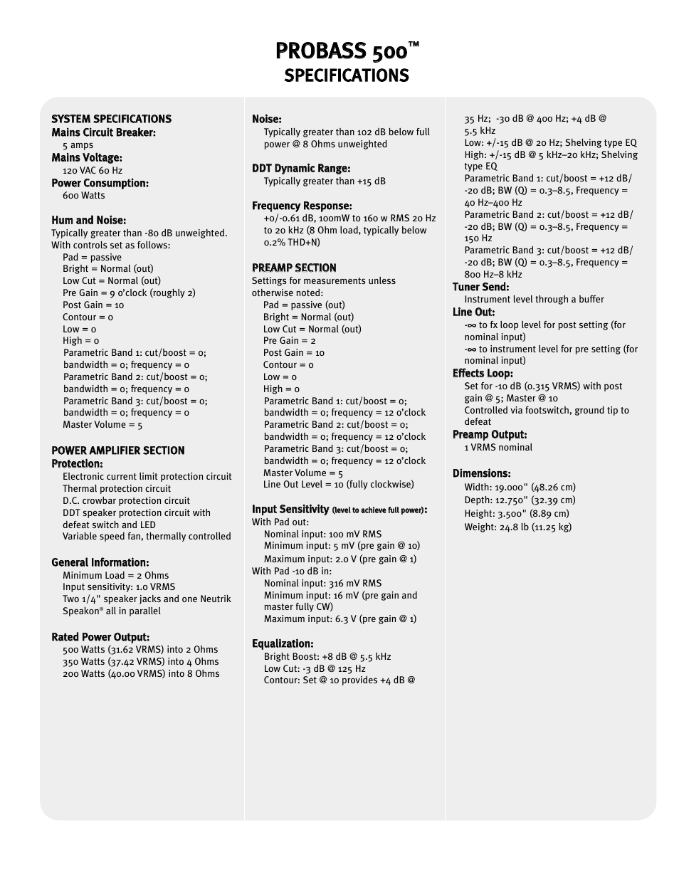 Ssp pe ec ciif fiic ca at tiio on ns s | Peavey 500 User Manual | Page 18 / 32