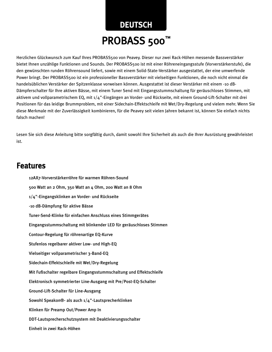 Dde eu ut ts sc ch h f fe ea attu urre es s | Peavey 500 User Manual | Page 25 / 32