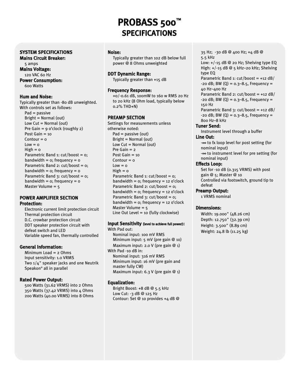 Ssp pe ec ciif fiic ca at tiio on ns s | Peavey 500 User Manual | Page 30 / 32