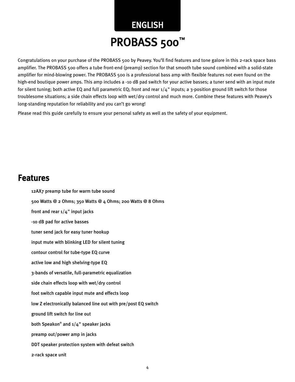 Een ng glliis sh h f fe ea attu urre es s | Peavey 500 User Manual | Page 4 / 32