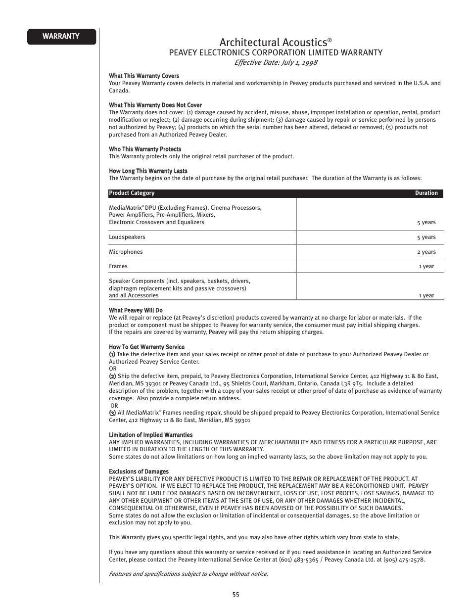 Architectural acoustics, Peavey electronics corporation limited warranty | Peavey ICS 4200 User Manual | Page 55 / 56