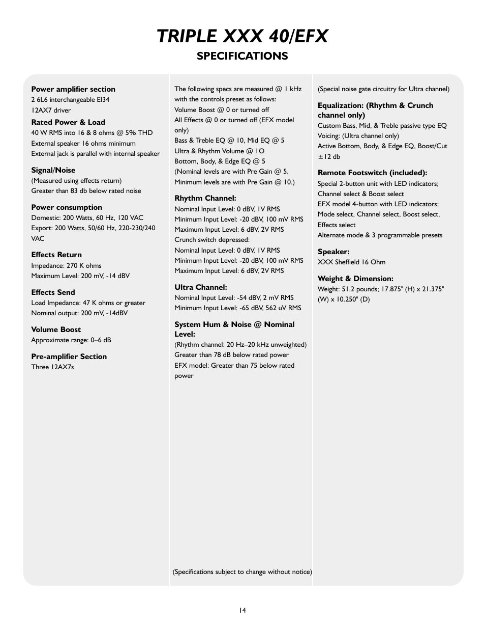 Triple xxx 40/efx, Specifications | Peavey Triple 40/EFX User Manual | Page 14 / 44