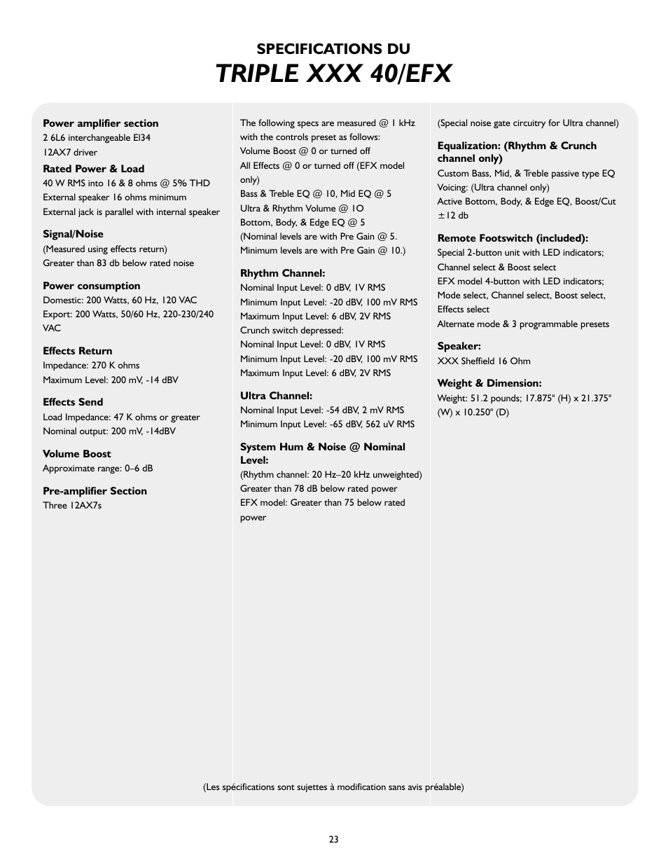 Triple xxx 40/efx, Specifications du | Peavey Triple 40/EFX User Manual | Page 23 / 44