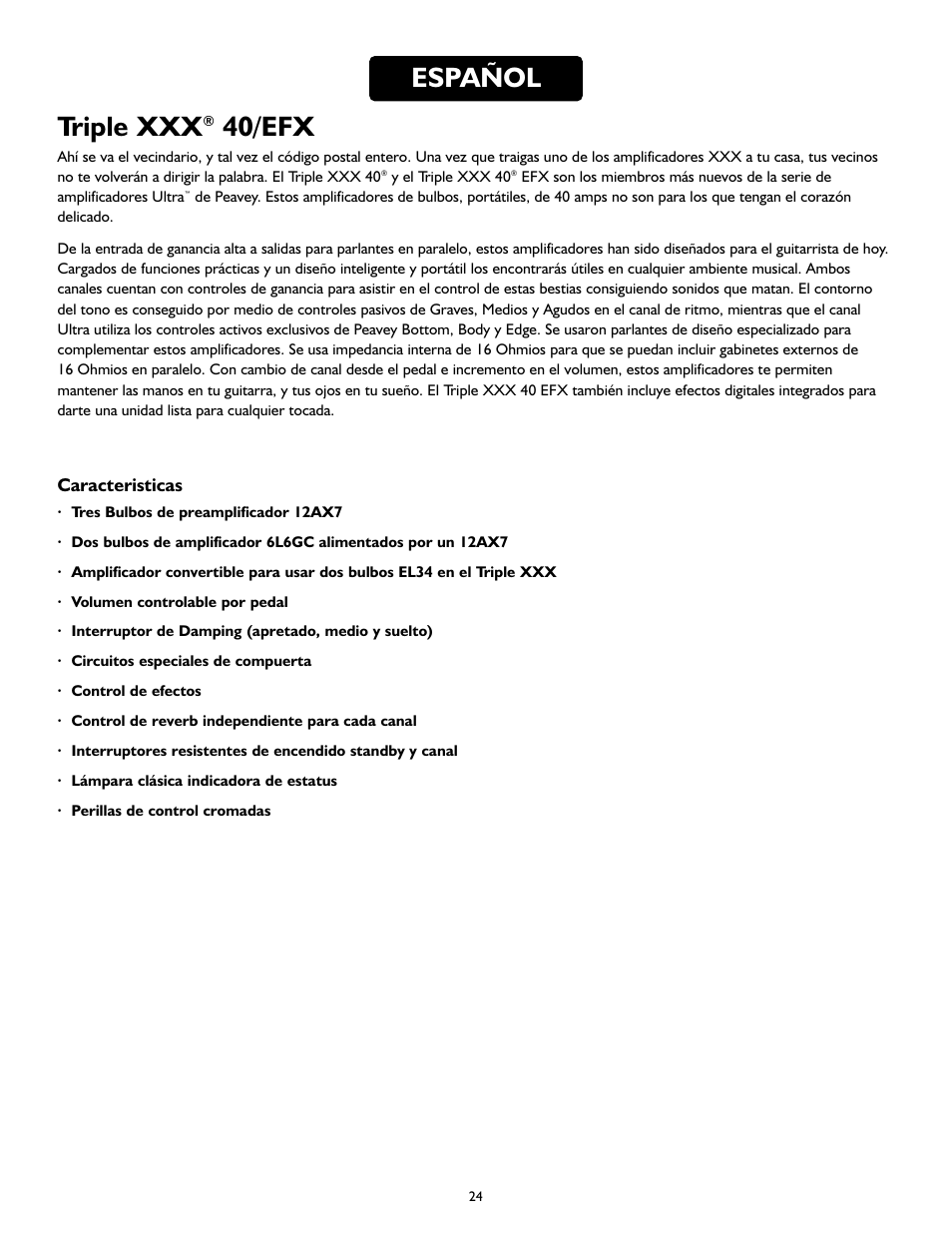 Triple xxx, 40/efx, Español | Peavey Triple 40/EFX User Manual | Page 24 / 44