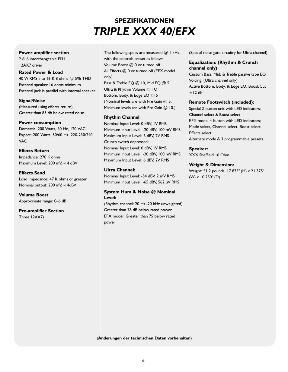 Triple xxx 40/efx, Spezifikationen | Peavey Triple 40/EFX User Manual | Page 41 / 44
