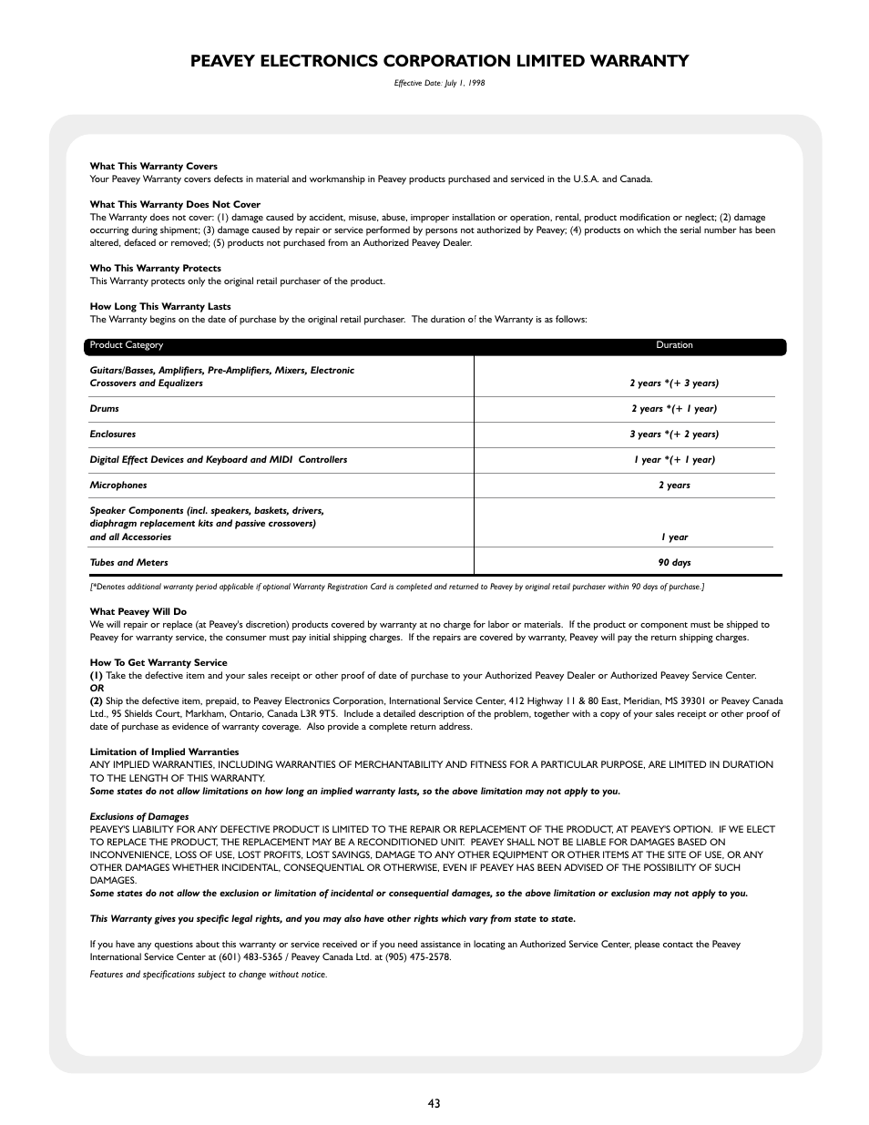 Peavey electronics corporation limited warranty | Peavey Triple 40/EFX User Manual | Page 43 / 44