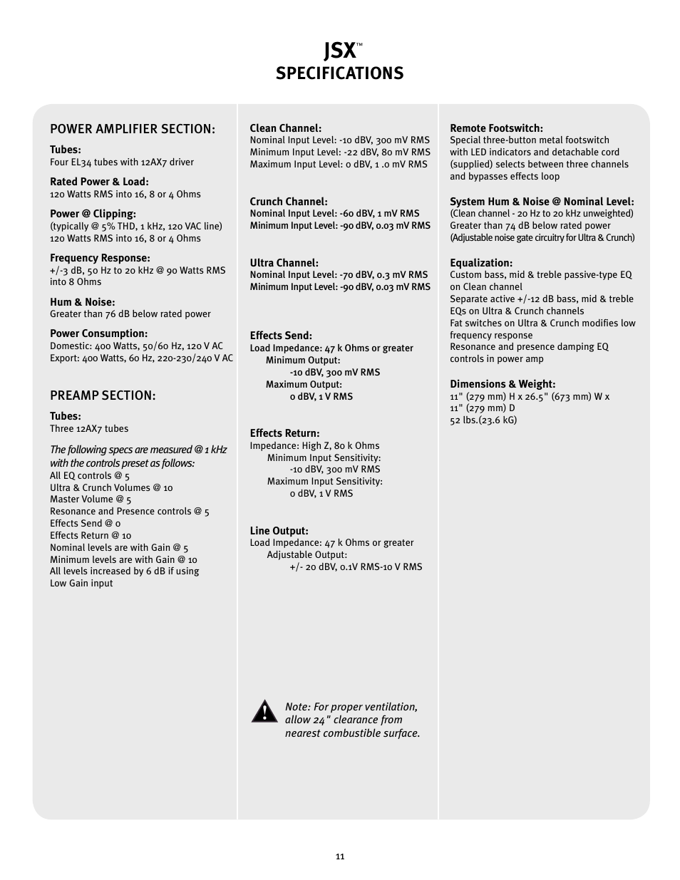 Jsx block diagram, Specifications | Peavey JSX Joe Satriani Signature All-Tube Amplifier User Manual | Page 11 / 36