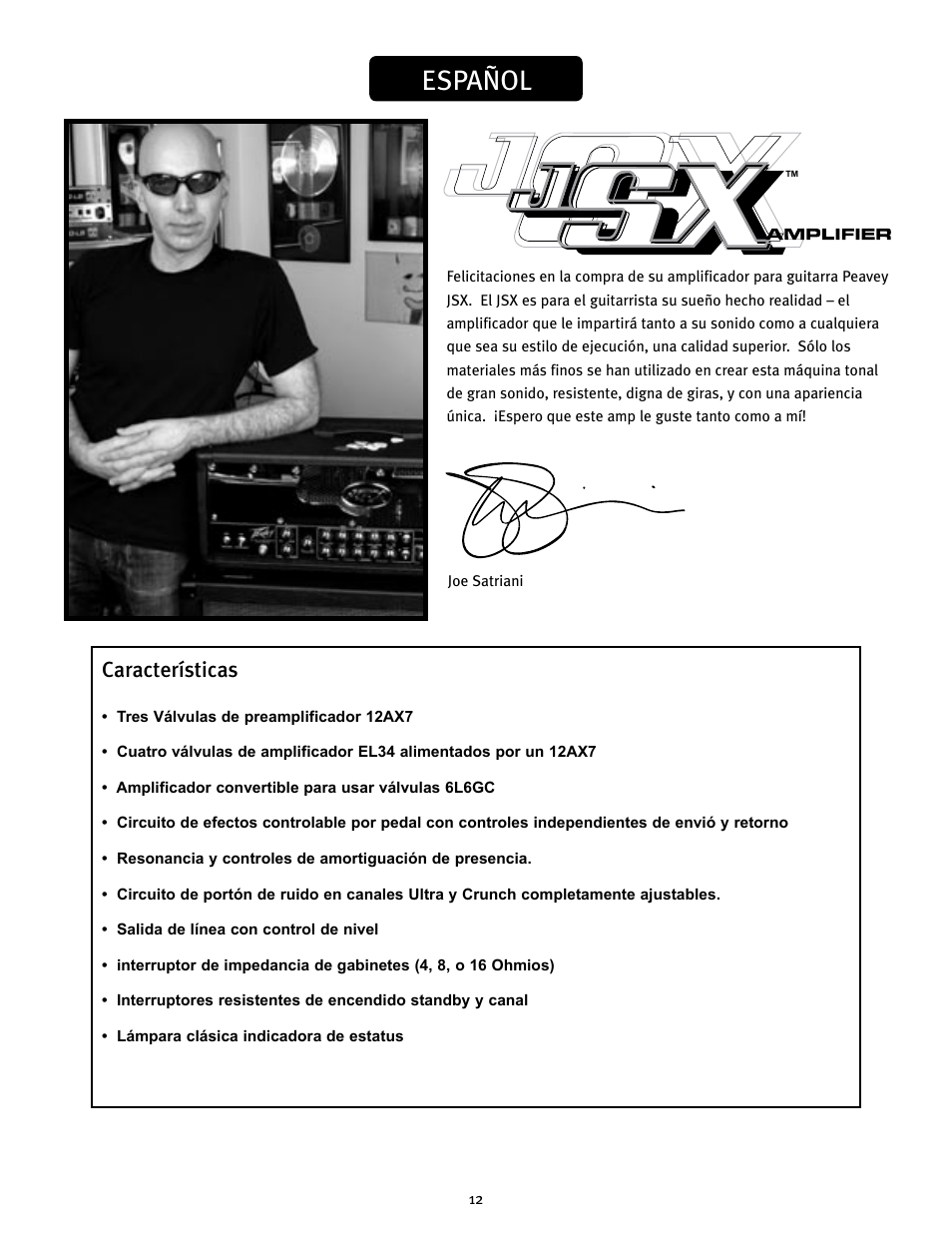 Español, Características | Peavey JSX Joe Satriani Signature All-Tube Amplifier User Manual | Page 12 / 36