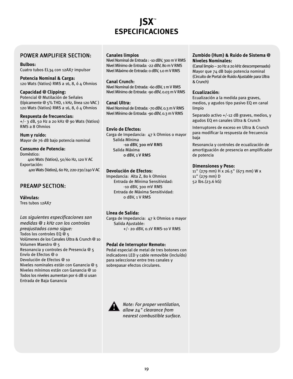 Especificaciones | Peavey JSX Joe Satriani Signature All-Tube Amplifier User Manual | Page 19 / 36