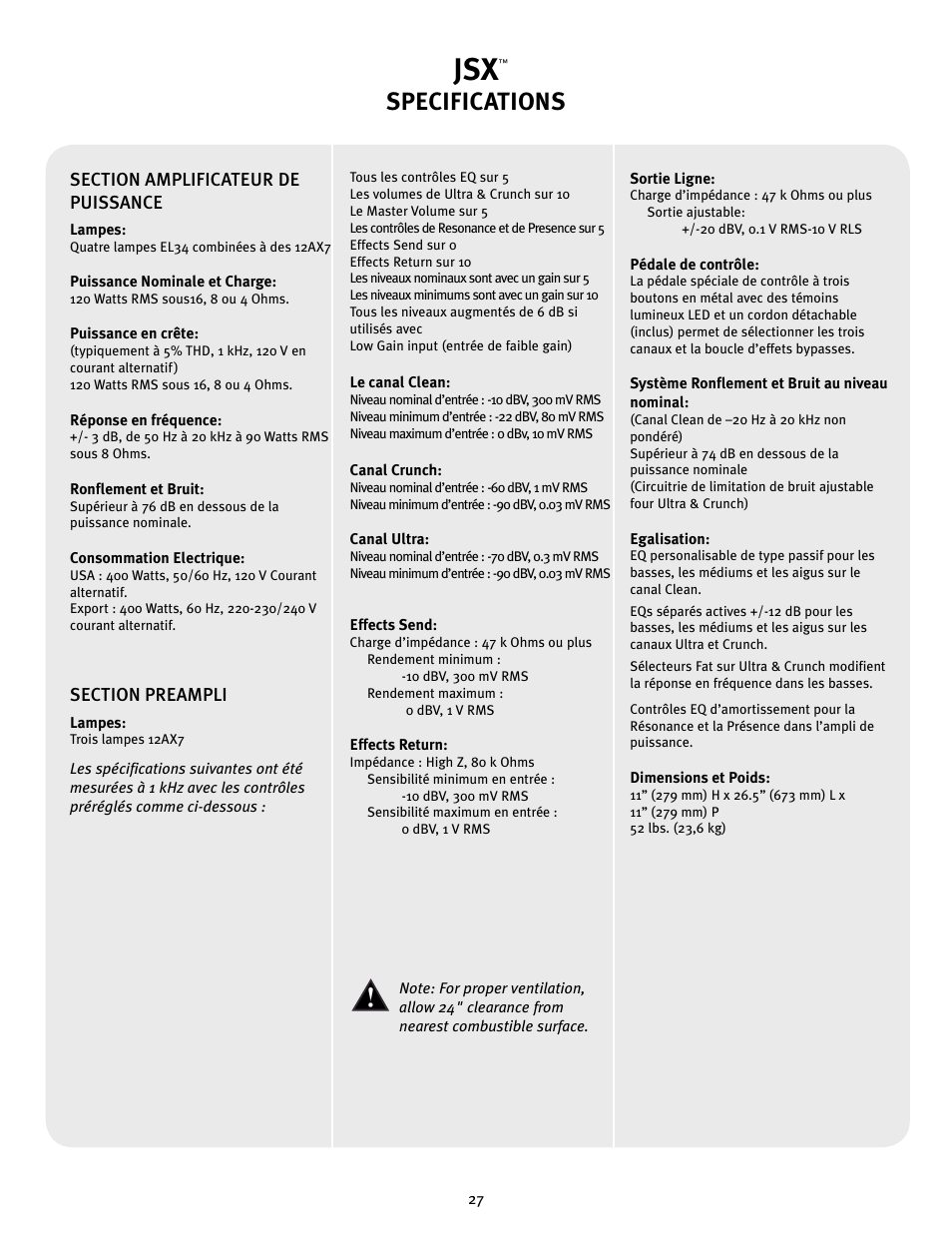 Specifications | Peavey JSX Joe Satriani Signature All-Tube Amplifier User Manual | Page 27 / 36