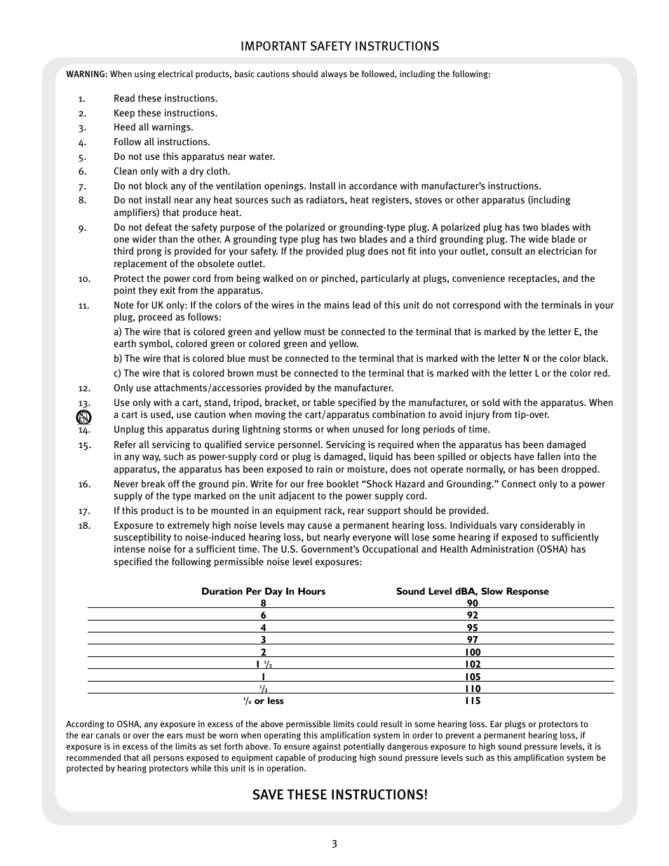 Save these instructions, Important safety instructions | Peavey JSX Joe Satriani Signature All-Tube Amplifier User Manual | Page 3 / 36