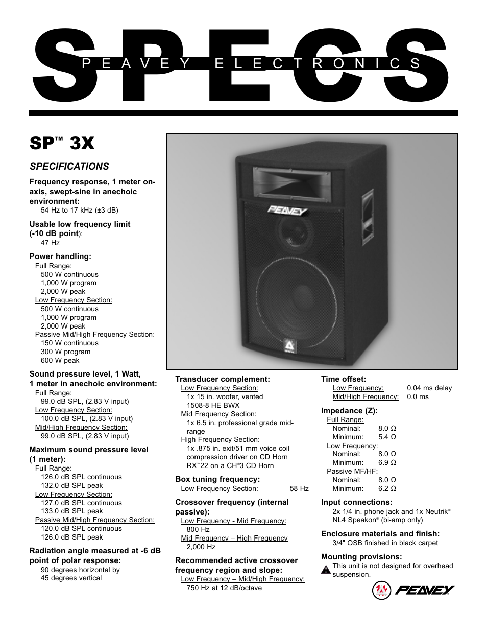 Peavey SP 3X User Manual | 4 pages