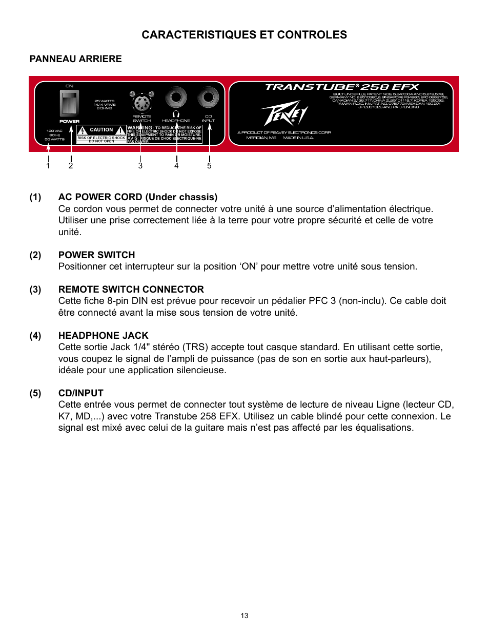 Caracteristiques et controles | Peavey 258 EFX User Manual | Page 13 / 36