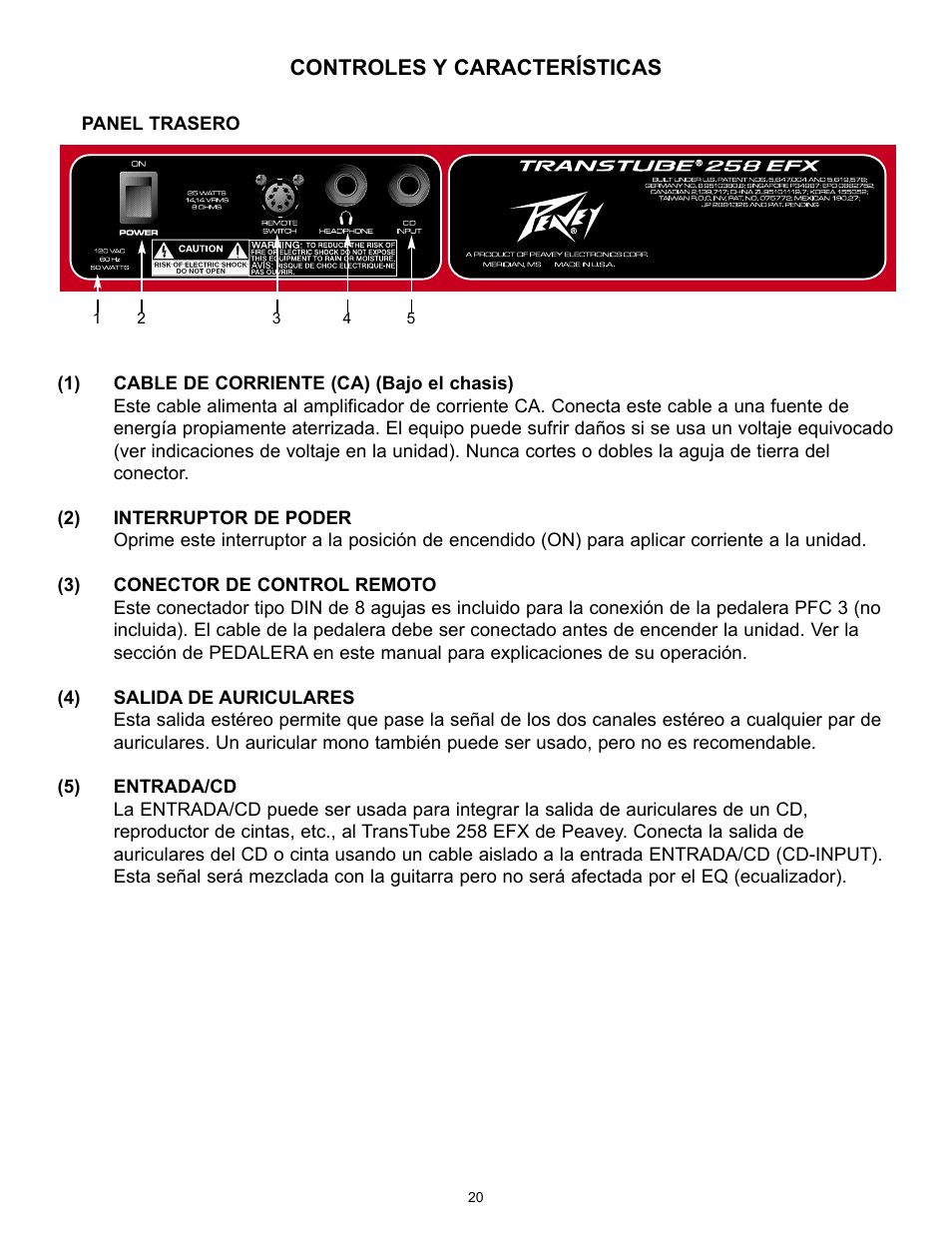 Controles y características | Peavey 258 EFX User Manual | Page 20 / 36